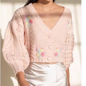 For Love & Lemons Amaryllis pink cropped floral embroidered cardigan sweater
